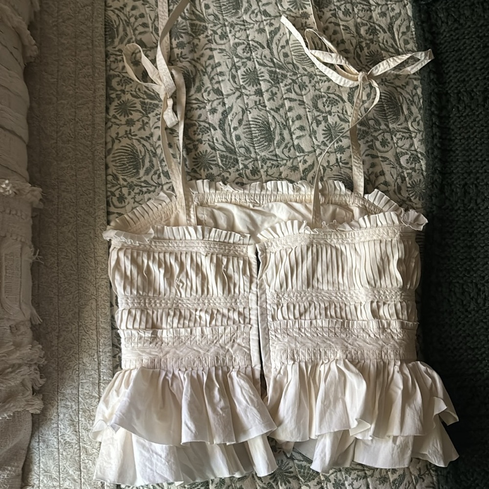 Ulla Johnson Cream Ruffled Tie-Shoulder Crop Top - Picture 7 of 7